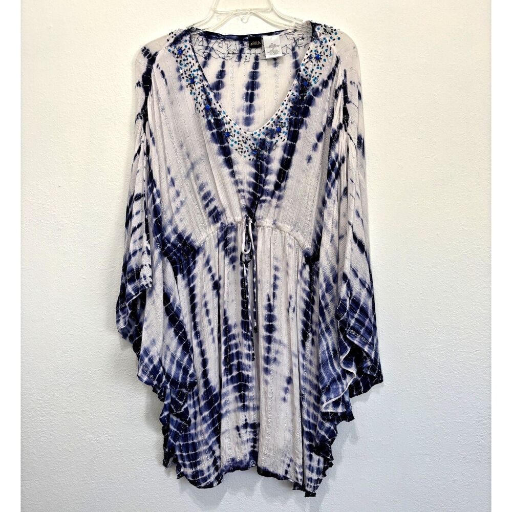 Bile Beaded Tie Dye Kimono Cardigan Womens XL Drawstring Beach Cover Up Top Boho